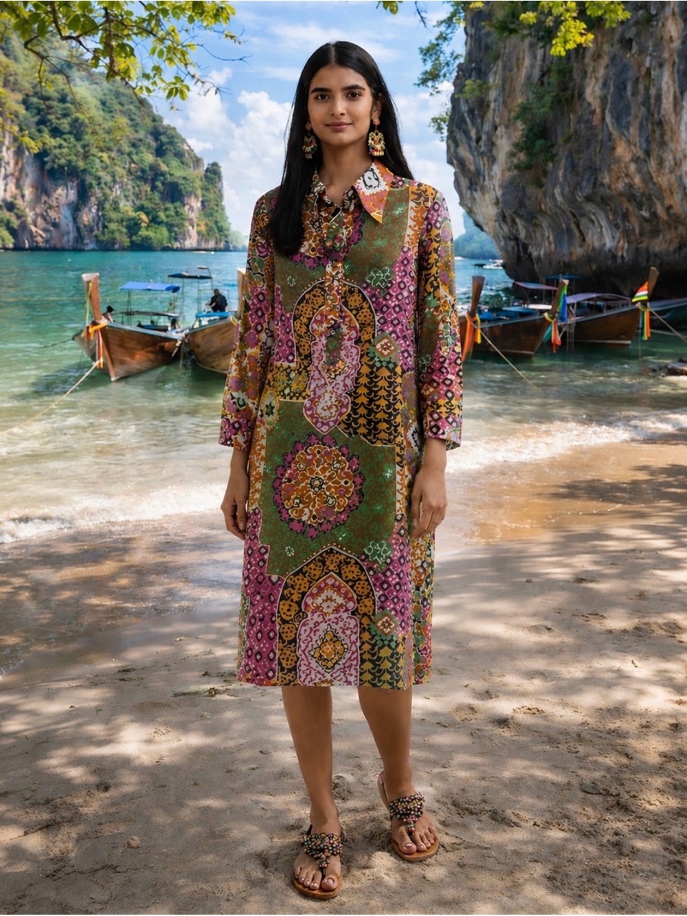 RARE VTG PORTS International 100% Cotton Printed Midi Shirt Dress